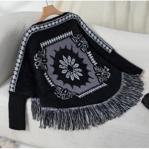 Womens Ethnic Cape Style Sweater with Fringe Detail, Long Sleeves, Autumn Winter Fashion