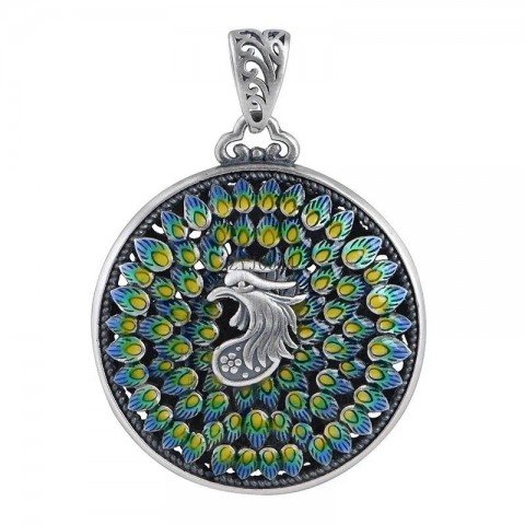 Exquisite 999 Pure Silver Pendant Necklace with Enamel Cloisonne Phoenix & Peony Design for Women