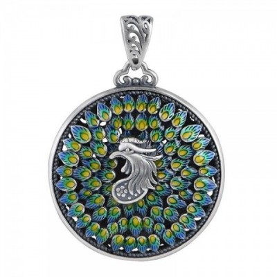 Exquisite 999 Pure Silver Pendant Necklace with Enamel Cloisonne Phoenix & Peony Design for Women