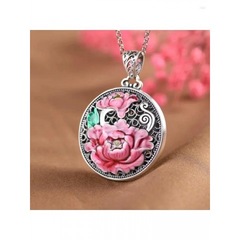 Exquisite 999 Pure Silver Pendant Necklace with Enamel Cloisonne Phoenix & Peony Design for Women