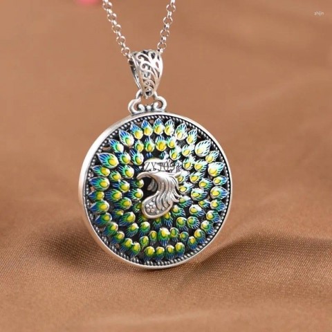 Exquisite 999 Pure Silver Pendant Necklace with Enamel Cloisonne Phoenix & Peony Design for Women