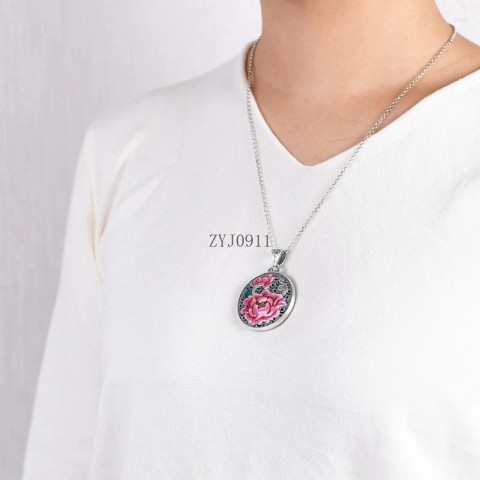 Exquisite 999 Pure Silver Pendant Necklace with Enamel Cloisonne Phoenix & Peony Design for Women