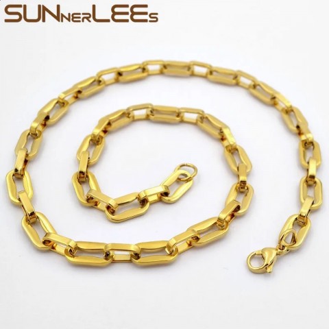 SUNNERLEES High Polished 316L Stainless Steel Necklace, 7.5mm Geometric Link Chain, Gold Tone, For Men and Women