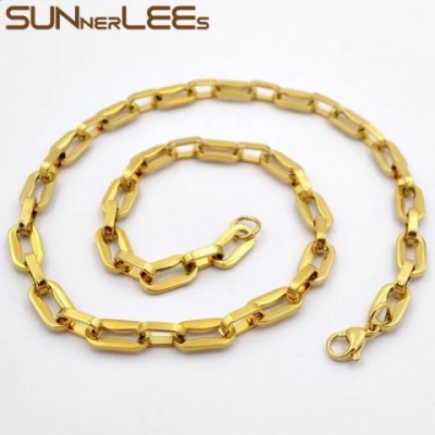 SUNNERLEES High Polished 316L Stainless Steel Necklace, 7.5mm Geometric Link Chain, Gold Tone, For Men and Women