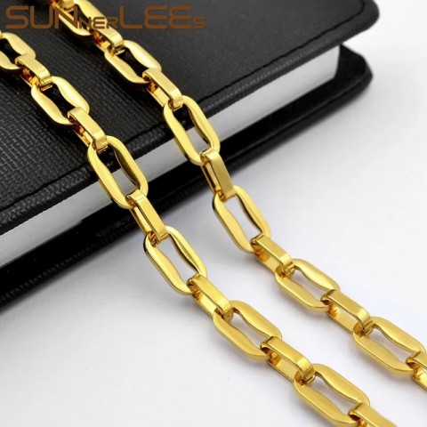 SUNNERLEES High Polished 316L Stainless Steel Necklace, 7.5mm Geometric Link Chain, Gold Tone, For Men and Women