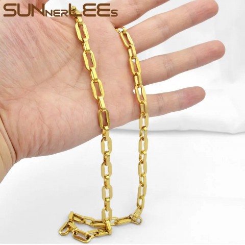 SUNNERLEES High Polished 316L Stainless Steel Necklace, 7.5mm Geometric Link Chain, Gold Tone, For Men and Women