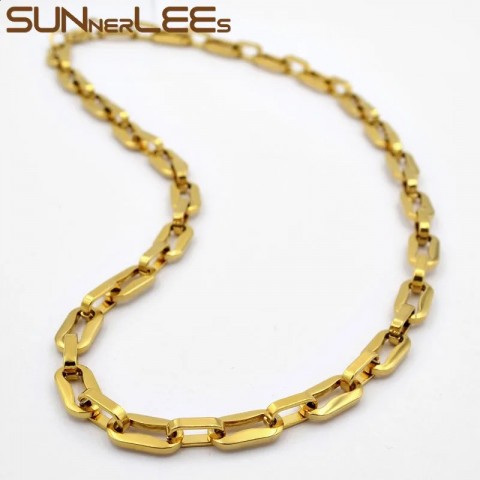 SUNNERLEES High Polished 316L Stainless Steel Necklace, 7.5mm Geometric Link Chain, Gold Tone, For Men and Women