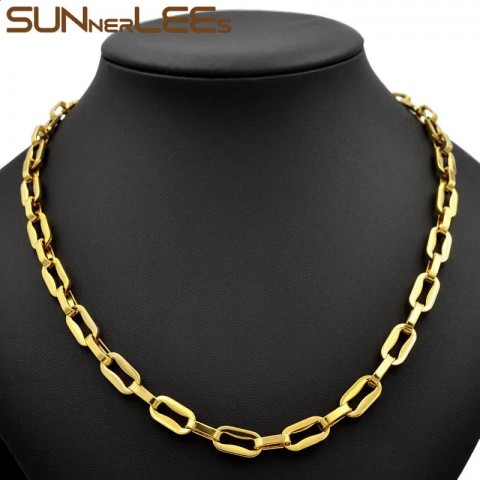 SUNNERLEES High Polished 316L Stainless Steel Necklace, 7.5mm Geometric Link Chain, Gold Tone, For Men and Women