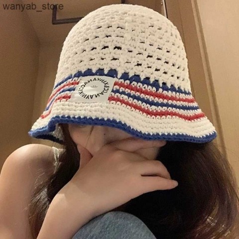 Wide Brim Striped Knitted Bucket Hats for Women - Handcrafted Crochet Sun Hats