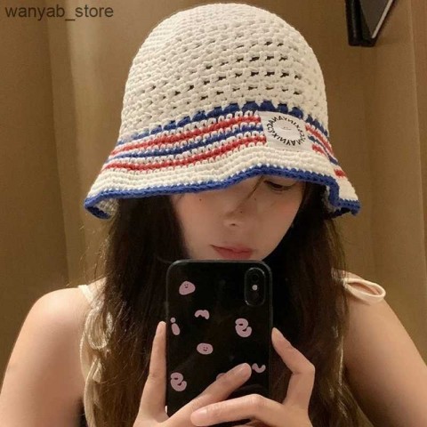 Wide Brim Striped Knitted Bucket Hats for Women - Handcrafted Crochet Sun Hats