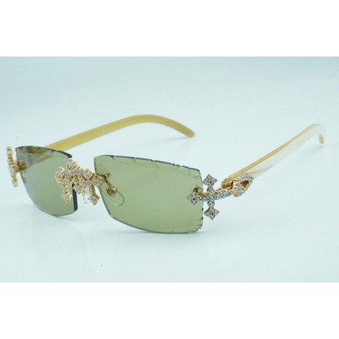 New Cross Diamond Factory Style Sunglasses with White Buffalo Horn Frame & 57mm CR-39 Lenses