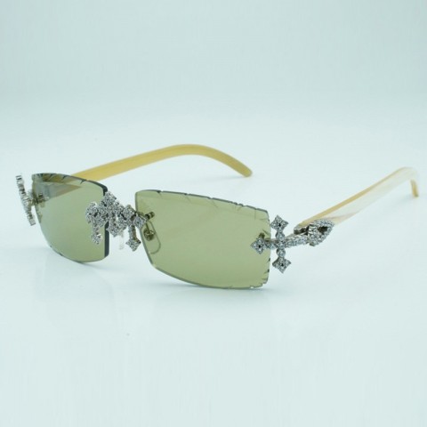 New Cross Diamond Factory Style Sunglasses with White Buffalo Horn Frame & 57mm CR-39 Lenses