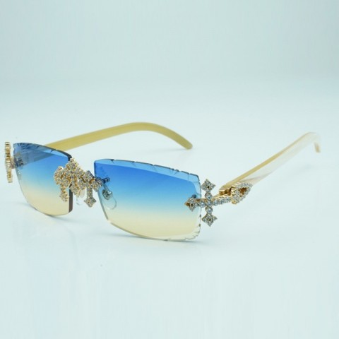 New Cross Diamond Factory Style Sunglasses with White Buffalo Horn Frame & 57mm CR-39 Lenses