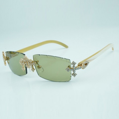 New Cross Diamond Factory Style Sunglasses with White Buffalo Horn Frame & 57mm CR-39 Lenses