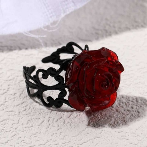 Punk Gothic Adjustable Red Rose Ring for Women - Witch Pagan Vintage Halloween Jewelry XJ241127