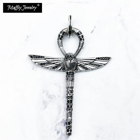 Protective Sterling Silver Pendant Cross Necklace with Scarab Charms for Men