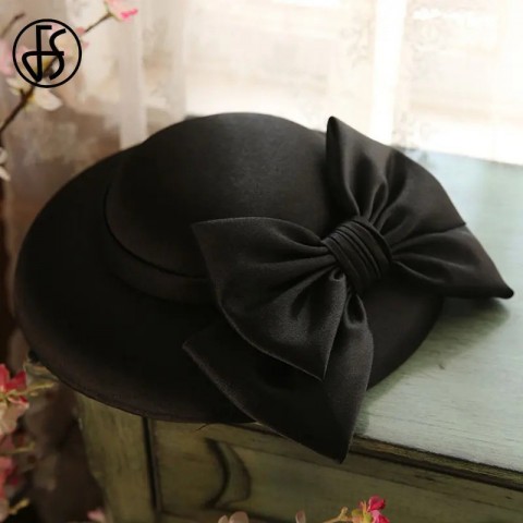 Elegant British FS Wedding Fascinator Hat - Women's Big Brim Bowknot Fedora