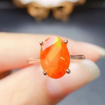 Vintage Unisex Sterling Silver Fire Opal Solitaire Ring