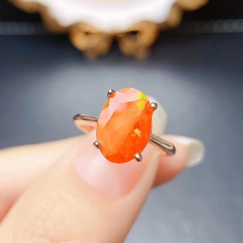 Vintage Unisex Sterling Silver Fire Opal Solitaire Ring
