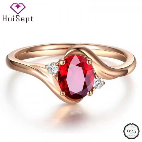 Elegant HuiSept 925 Silver Band Ring with Oval Ruby Zircon for Women