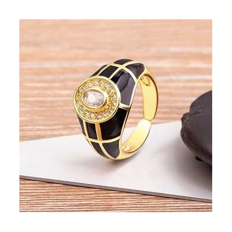 Nidin Adjustable Solitaire Ring with Zircon and Onyx, 7 Color Options, Retro Style, Unisex