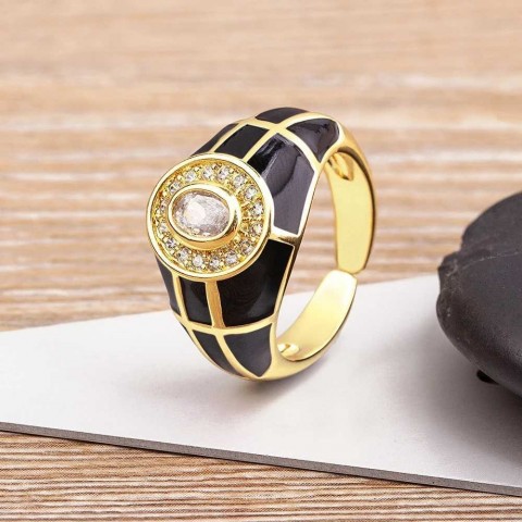 Nidin Adjustable Solitaire Ring with Zircon and Onyx, 7 Color Options, Retro Style, Unisex