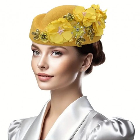 Vintage Felt Beret Turban Hat with Flower for Women
