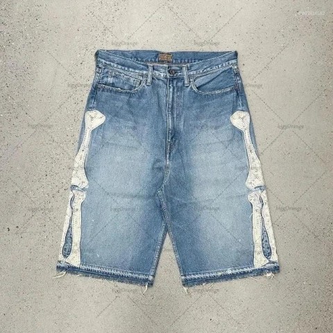 Men's Retro Skeleton Denim Shorts - Casual Preppy Style for Everyday Wear